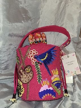 Handcrafted In INDIA Pink Embroidered Satchel  Sloth Parrot